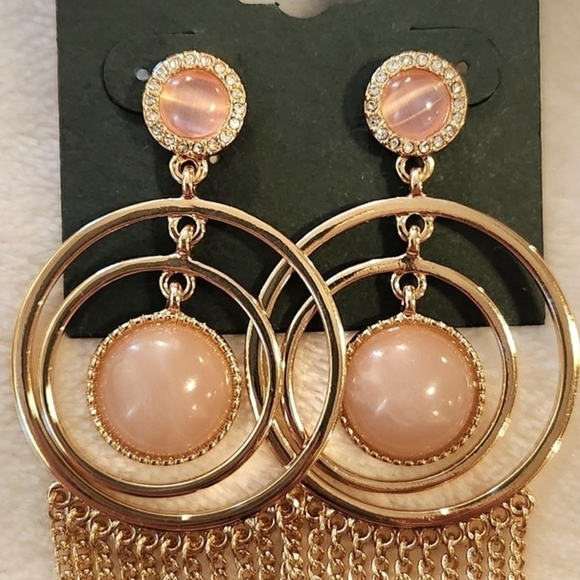 g by Gennaro Large Multi Hoop Gold Tone & Pink Center Fringe Statement Earrings - Picture 3 of 8